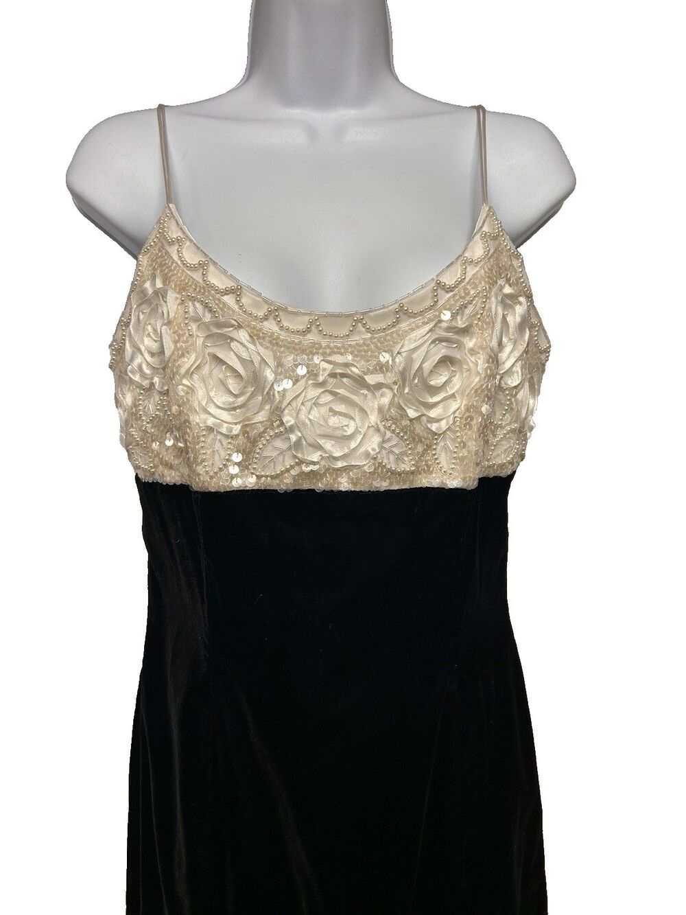 VTG Black Velvet White Beaded Straps Formal Maxi Gown Scott McClintock Women 10